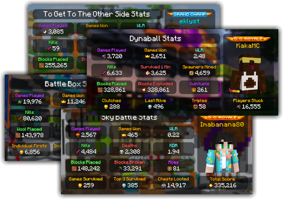 A collage of 4 images overlayed atop each other that display player stats for different MCC Island gamemodes.