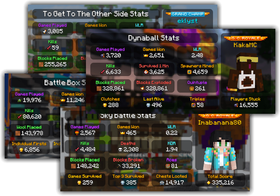 A collage of 4 images overlayed atop each other that display player stats for different MCC Island gamemodes.