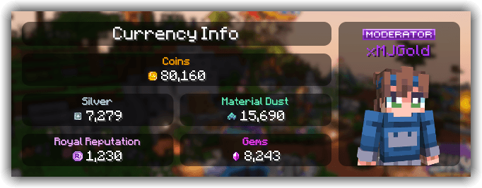 An image with text showcasing a player's MCC Island currency including, coins and royal reputation.